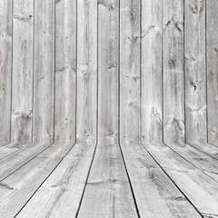 Grey/white pine wood plank texture background. White wooden wall and floor