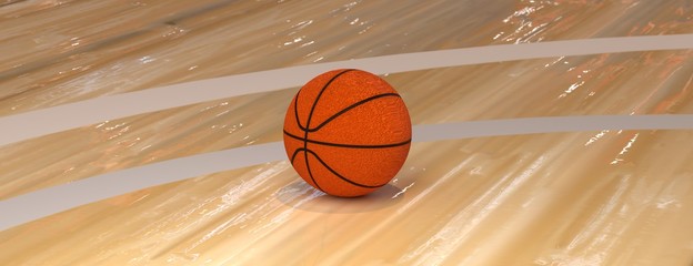 Basketball on Court Floor close up with blurred arena in background with copyspace. 3d rendering. 3d