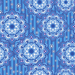 Seamless ornamental oriental pattern. Repeating striped tiles with mandala. Vector laced decorative background with floral and geometric ornament. Indian or Arabic motive. Boho festival style
