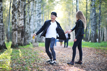 Loving couple walking in casual clothes