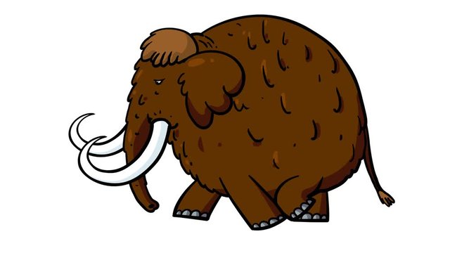 Cartoon mammoth walking cycle. Alpha matte included. Cute 2d hand made prehistoric brown animal character animation good for any use. 