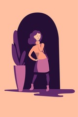 A young girl with a handbag on his shoulder stands next to a flowerpot with flowers against the night sky. Flat vector illustration.