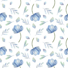 Watercolor pattern with anemone and leaves. Floral pattern for wallpaper or fabric