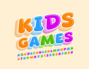 Vector colorful Kids Games. Bright Funny Font. Creative Alphabet Letters and Numbers.