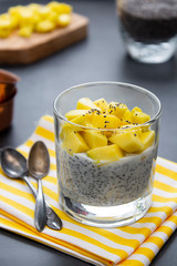 Healthy food. Chia seed pudding with pineapple. Copy space.