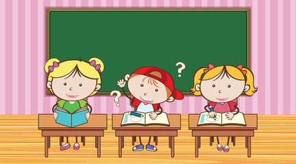 Three students learning in classroom