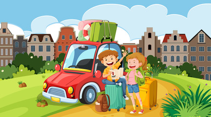 Background scene with tourists and car on the road