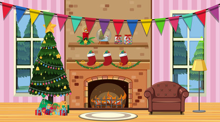 Room with christmas tree and sofa by fireplace