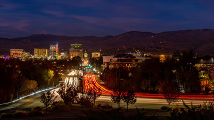 Capital boulevard at night in Boise Idaho with streaking car lights