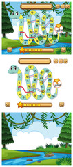 Snakes and ladders game set with pond background