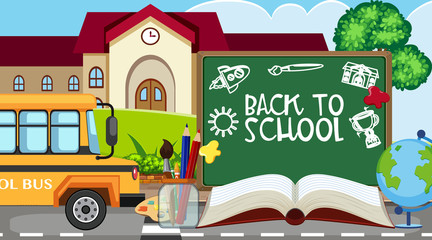 Fototapeta premium Back to school sign with many school items