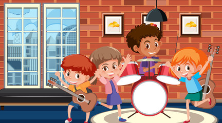 Room with children playing music in band