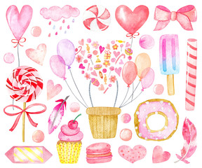 Big watercolor set of elements in pink for Valentine's Day: balloon, feathers, donut, cupcake, candy, hearts, macaroon, ice cream. Create beautiful patterns, cards, posters. Make notebooks, albums