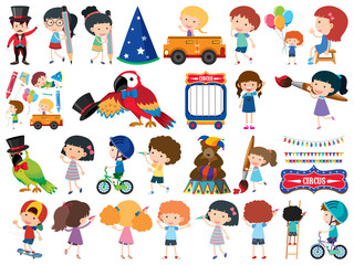 Large set of isolated objects of kids and circus