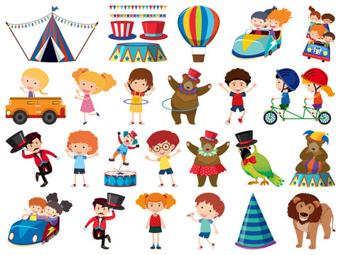 Large set of isolated objects of children and circus