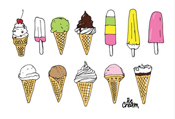 Collection of 12 vector ice cream illustrations isolated on white background. Vector illustration.