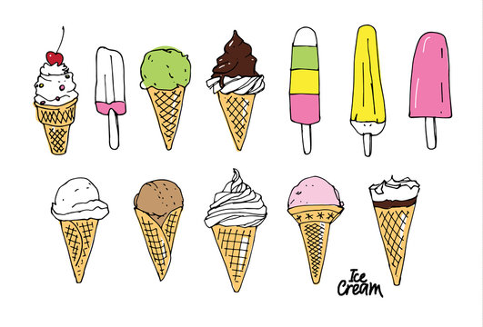 Collection of 12 vector ice cream illustrations isolated on white background. Vector illustration.