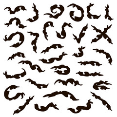 Set of vector black curvy spots of isolated objects on a white background.