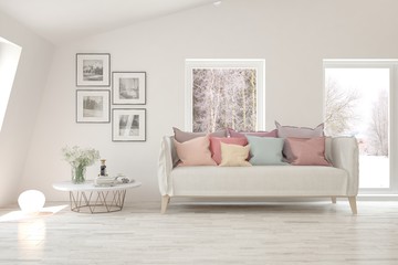 Stylish room in white color with sofa and winter landscape in window. Scandinavian interior design. 3D illustration