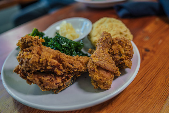 Fried Chicken, Biscuit And Collard Greens