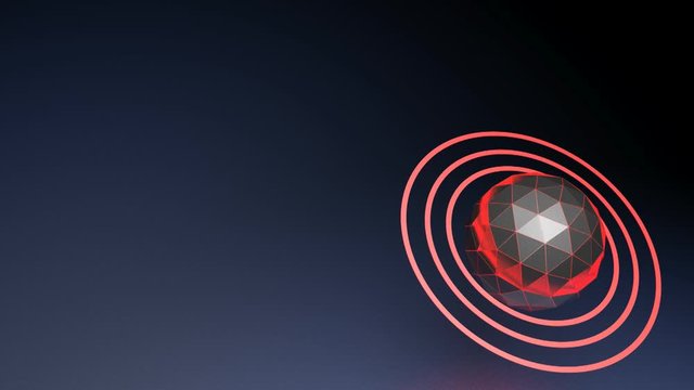 An abstract futuristic background with a faceted black sphere having red lit borders and red lit rings, at the lower right corner - 3D rendering video clip