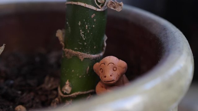 Clay monkey sits in plant pot