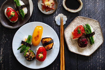 Vegan sushi with tomato, mushroom and aubergine