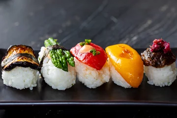 Photo sur Plexiglas Bar à sushi Vegan sushi with tomato, mushroom and aubergine