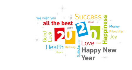 Obraz premium Happy New Year 2020 negative space word cloud text colorful white isolated vector