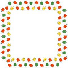 A square frame of bell peppers of red, green and yellow colors on a white background. Place for text. Vector.