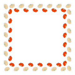 A square frame made of squash from solid lines and substrates of flowers of lush and beige on a white background. Vector.