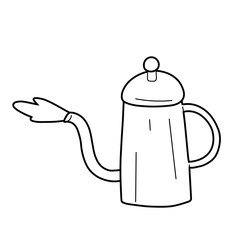 Utensil for preparing coffee, vector isolated line art, linear illustration of coffee pot. Trendy flat outline ink style, good as icon, logo for coffee shop, hand drawn artwork.