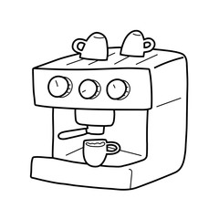 Professional coffee machine for brewing coffee, vector isolated line art, linear illustration of coffee maker. Trendy outline ink style, good as icon, logo for coffee shop, hand drawn artwork.