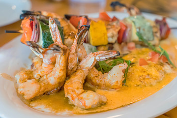 Spicy salad of fresh prawn salad in a hill-top restaurant on The Peak Hong Kong's popular viewpoint. Taken from a real location.