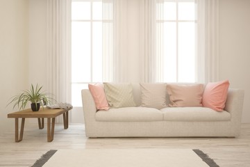 Stylish room in white color with sofa. Scandinavian interior design. 3D illustration