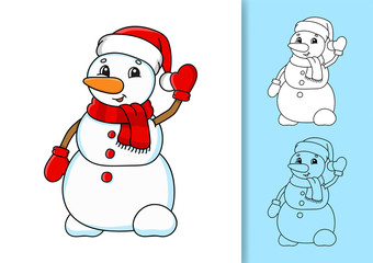 Christmas snowman in a hat and scarf waving. Set of vector illustrations isolated on white and colored background. Design element. Black stroke. Cartoon style.