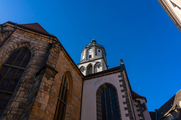 Fototapeta na wymiar Meissen. Germany. The bell tower of the Church of Our Lady in the old town.