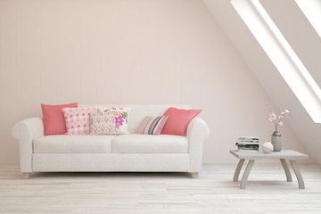 Stylish room in pink color with sofa. Scandinavian interior design. 3D illustration
