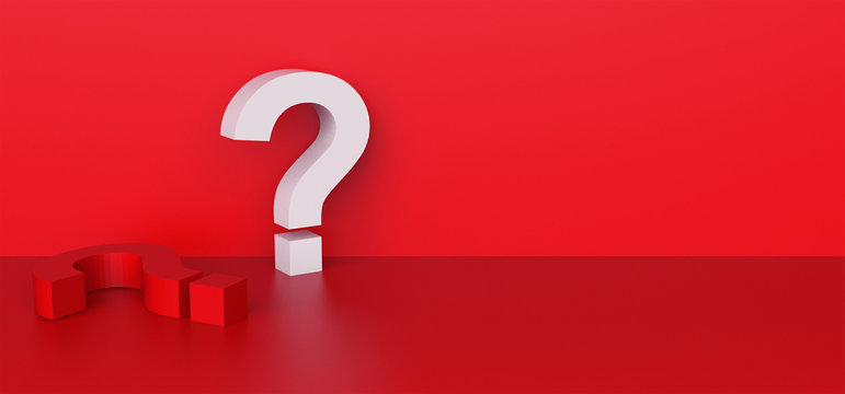 white and red question mark isolated on red room background with blank space on the right. 3d rendering