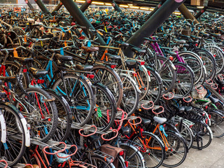 Fototapeta na wymiar Closely packed bicycles in a bicycle park in the city of Leiden, the Netherlands