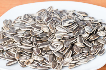 Unpeeled sunflower seeds on white plate.