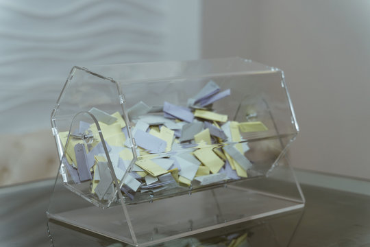  Lottery drum with multi-colored tickets inside