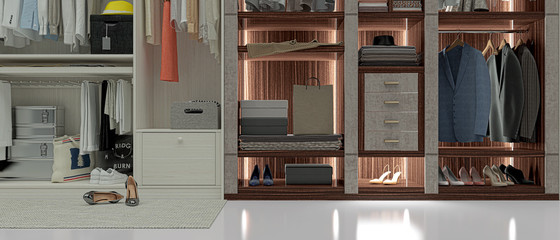 Obraz na płótnie Canvas Wardrobe with clothes, shoes and boxes, 3d illustration, 3d rendering