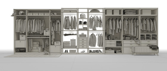 Wardrobe with clothes, shoes and boxes, 3d illustration, 3d rendering