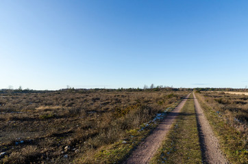 Straight gravel road through a plain grassland