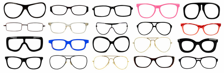 Set of isolated eyeglass frames for fitting on the head - obrazy, fototapety, plakaty