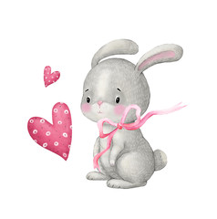 cute bunny with pink hearts on a white background. digital illustration