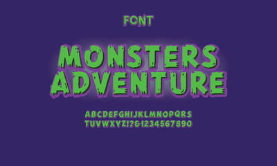 Vintage Hand Drawn Typeface "Monster Adventure". Retro Styled Halloween Font. Cute and Spooky Lettering. Inspired by Old Comic Books and Scary Movie Posters. Vector Illustration.