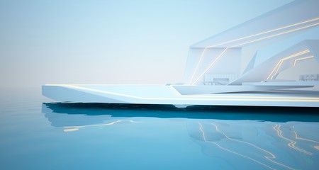 Abstract architectural white interior of a modern villa on the sea with swimming pool and neon lighting. 3D illustration and rendering.