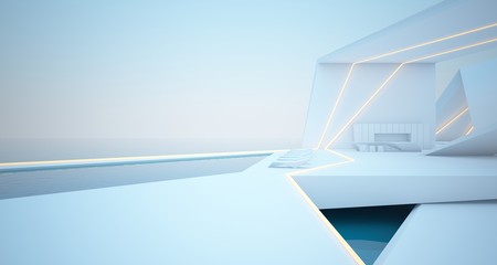 Abstract architectural white interior of a modern villa on the sea with swimming pool and neon lighting. 3D illustration and rendering.